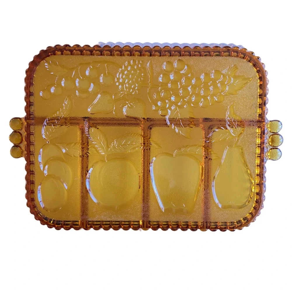 Indiana Glass fruits amber pressed glass divided relish tray 5 sections VINTAGE